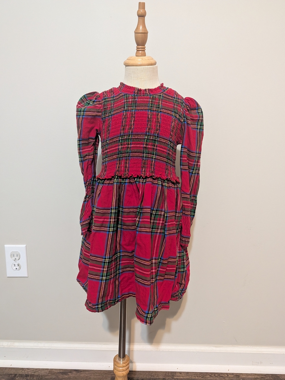 Red Plaid Smocked Puff-Sleeve Dress